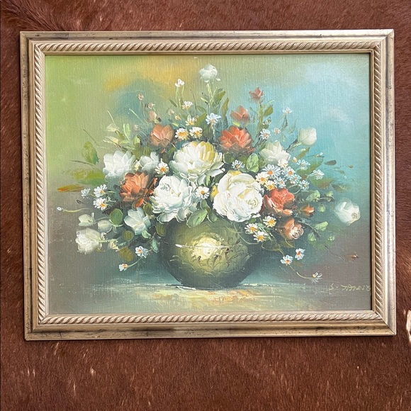 Framed floral still-life oil painting likely mid-20th century (c. 1950s–1970s).
